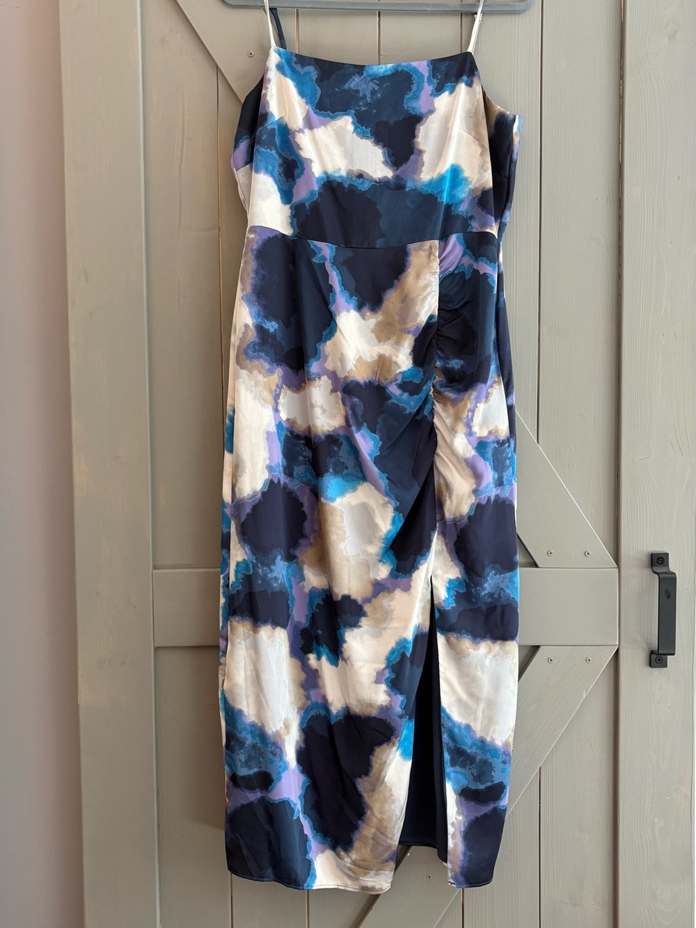 Taylor Strapless Abstract Print Midi Dress in Blue, Cream & Purple